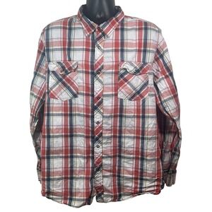 Skully Brand Mens XXL Plaid Long Sleeve Button Down Shirt Red White Navy Blue